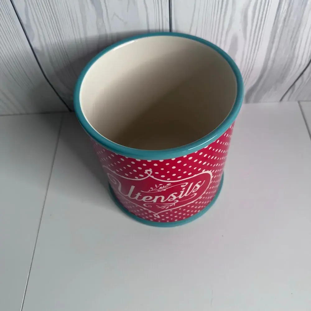 Pioneer Woman Polka Dot Utensil Crock Red Teal Utensil Holder Stoneware